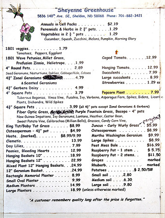 Sheyenne Greenhouse Price Sheet