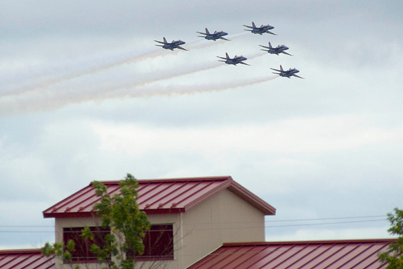 Blue Angels 6-Plane Formation Over Rooftops