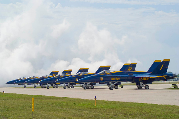 Blue Angels With Jet Smoke Background